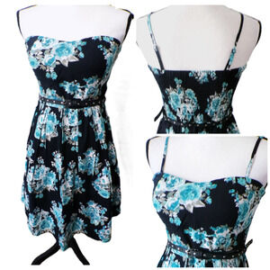Y2k Bustier Black Floral Babydoll Dress M Blue Smocked WhimsiGoth Coquette Fairy